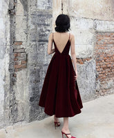 Simple Burgundy Tea Length Prom Dress, Burgundy Bridesmaid Dress